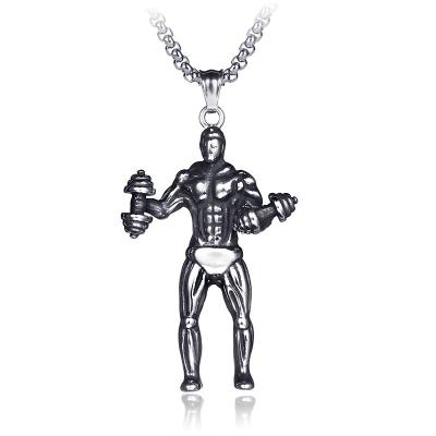 China Custom Hip Hop Pendant Stainless Steel Fitness Vintage Stainless Steel Kolye Hiphop Erkek Men's Muscular Necklace Dumbbell Jewelry for sale