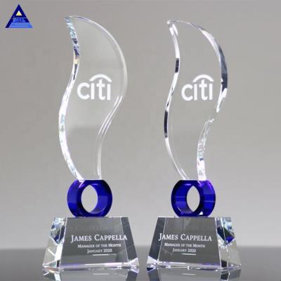 China Custom Japan Text Engraving Elliptical Blue Flame Crystal Award Trophy for sale