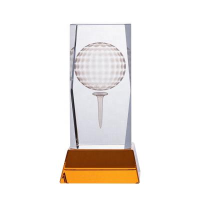 China Europe 3D Golf Ball Laser Engraved Empty Crystal Cube And Crystal Golf Trophy Award For Golf Tournament Gifts for sale