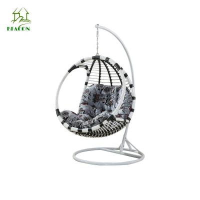 China Contemporary Adult Popular Cheap PE Rattan Stand Metal Garden Wicker Egg Shaped Patio Swing Hanging Chair for sale