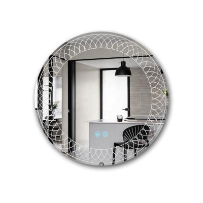 China Luxury Modern Illuminated Fixtures Irregular Design Round Bath Led Mirror Bathroom Lace Pattern Mirror With Light for sale