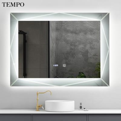 China Luminous Touch Screen Bathroom Demister Smart Anti-Water Led Mirror With Time And Temperature for sale