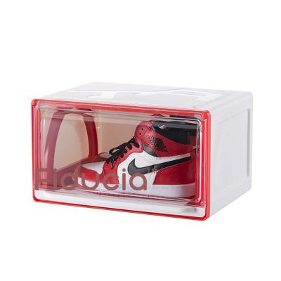 China Fashion Viable Acrylic Plastic Magnetic Side Display Shoe Open Stackable Folding Clear Storage Box For Basketball Sports Shoe Organizer for sale