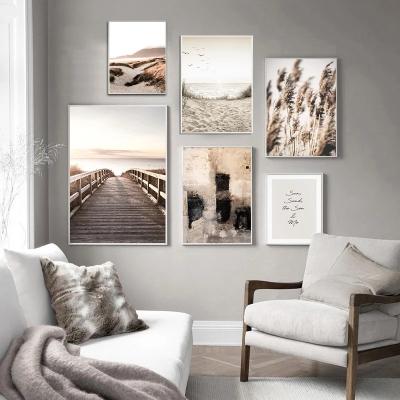 China Abstract Scandinavian Nature Landscape Paintings Grass Bridge Beach Sunset Paintings and Wall Art Decor Natural Modern Canvas Painting for sale