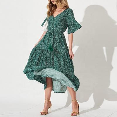 China Breathable Custom Button Up Half V-neck Sheath Elegant Stain Long Maxi Dress Women Casual Summer Green for sale