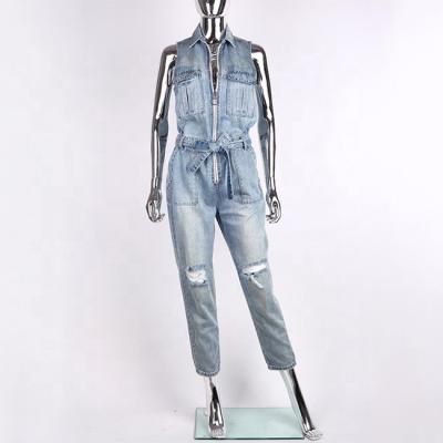 China 2021 Blue Ripped Vintage Denim Overalls Fashion Windproof Denim Overalls Sleeveless Jeans For Ladies for sale