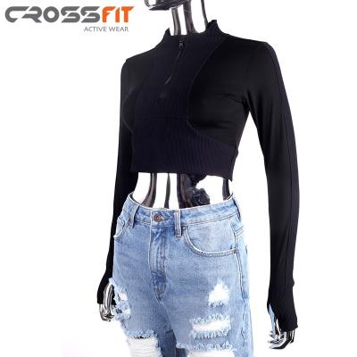 China Wholesale Custom Breathable Athletic Wear Half 1/2 Black Zipper Up Long Sleeve Gym Crop Top Women for sale