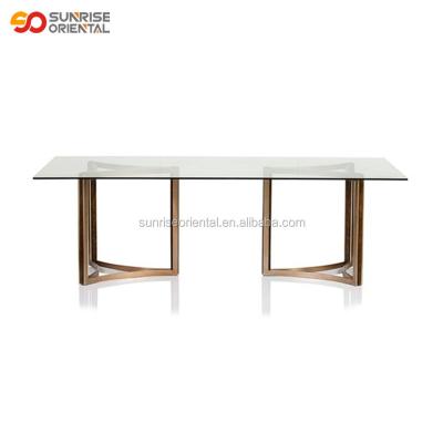 China Modern PANEL tempered glass dining table with low stainless steel dining table for sale