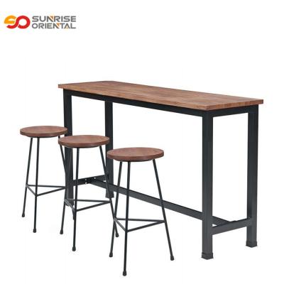 China Wholesale Industrial Cafe Metal Frame Bar Table Set Rustic Tall Bar Furniture Brown Bar Table and Stools Wood Set for sale