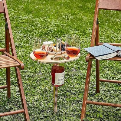 China Portable/Folding Lawn Folding Table Portable Outdoor Stand With Wine Glass Round Desktop Foldable Mini Wooden Picnic Table Stand Easy To Carry for sale