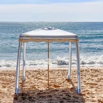 China OEM Modern Design Boho Outdoor Luxury Wooden Beach Shade Tent with Sun Shelter Stripe Portable Tassels Canopy Cool Beach Hut Tents for sale