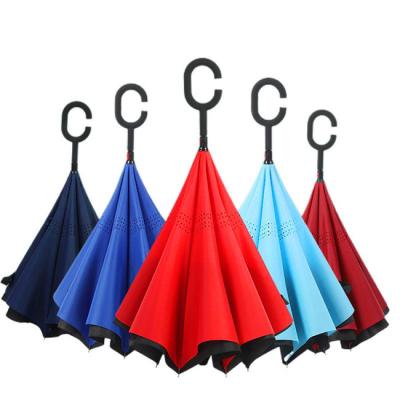 China Custom Wholesale Contemporary Printed Double Fabric Windproof C Logo Shape Handle, Reverse Reverse Upside Down Rain Umbrella/ for sale