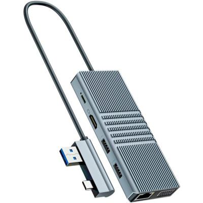 China 8 In 1 Usb Hub Rj45 Docking Station Dual Type C To RJ45 Port/USB3.0/PD/H-D-M-I/Card for sale