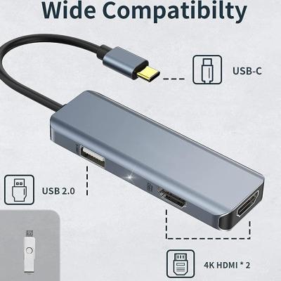 중국 듀얼 Hdmi Usb C 도크 허브 알루미늄 USB C 어댑터 모니터 3인1 둥글 4K HDMI 판매용