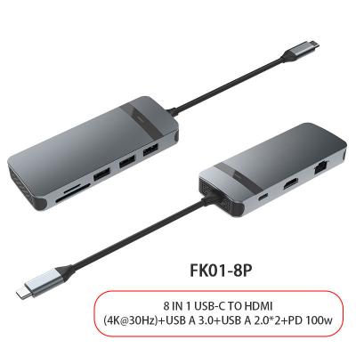 Cina 8 in 1 USB C Hub Adapter Dongle 4K HDMI VGA Tipo C PD USB3.0 RJ45 Ethernet SD/TF in vendita