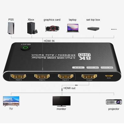 China Interruptor HDMI 8K 3 en 1 soporte de salida 3 entrada HDMI 8K 60Hz 4K 120Hz tecnología avanzada en venta