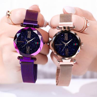 China Beautiful Automatic Date Starry Ladies Watch with Magnetic Mesh Bracelet Strap Alloy Watches for sale