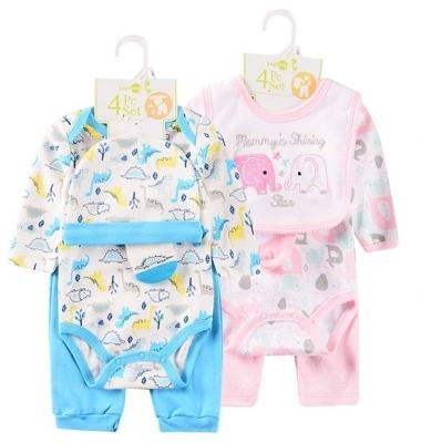 China Antibacterial the latest styles 0-12M cute animal pattern 100% cotton fall/winter baby onesie 4 pieces set including bib hat socks for sale