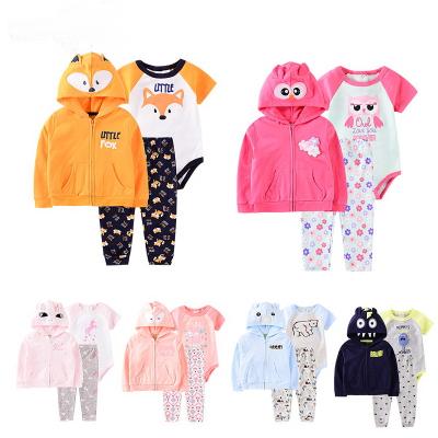 China Comfotable quality cotton fabric hoodie jacket romper pants toddler clothing 3pcs set for sale