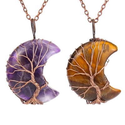 China 2022 TRENDY Hot Selling Fashion Tree Of Life Natural Crystal Moon Antique Copper Winding Pendant Necklace for sale