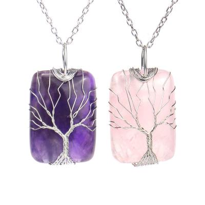 China TRENDY Hot Selling Fashion Silver Copper Wire Hand-wound Necklace Cuboid Tree For Life For Women for sale