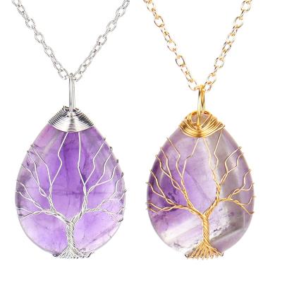 China FASHIONABLE Copper Wire Amethyst Agate Water Drop Natural Tree of Life Necklace Lady Hand-wound Pendant Necklace for sale