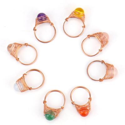 China Handmade Smooth Colored Stone Bronze FASHIONABLE Crystal Rings Amethyst Rings Reiki Nature Beads Ring Copper Wrapped Wire Wrapped for sale