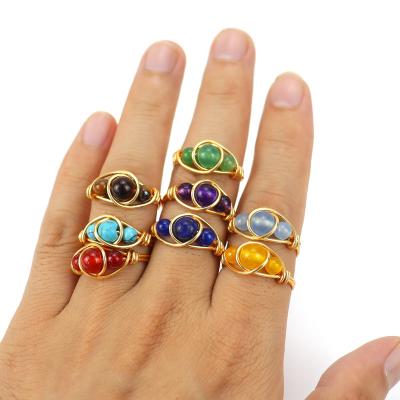 China Wholesale TRENDY Silver Plated 3 Beads Wire Crystal Healing Stones Rings Natural Copper Wrapped Wrapped Natural Gemstone Ring for sale