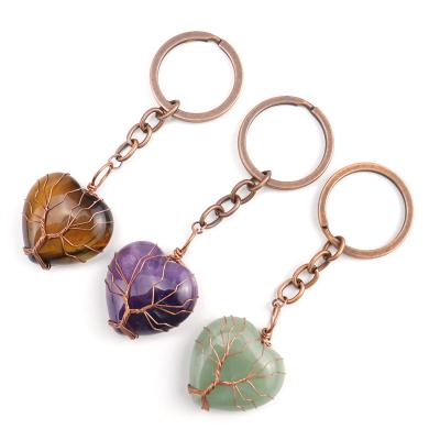 China Wholesale Hot Selling Crystal Bronze Agate Natural Stone Tiger Eye Amethyst Rose Quartz Wire Winding Heart Key Chain for sale