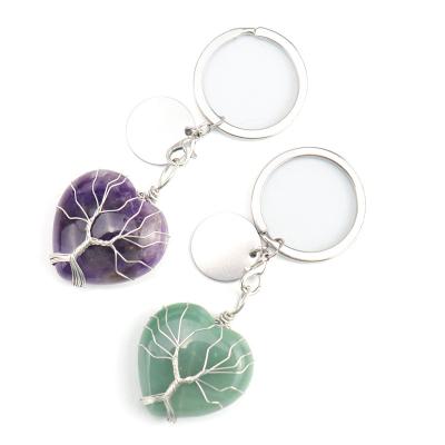 China Wholesale Hot Selling Silver Handmade Natural Stone Agate Agate Key Chain Heart Winding Crystal Wire Key Chain Tiger Eye Amethyst Rose Quartz for sale