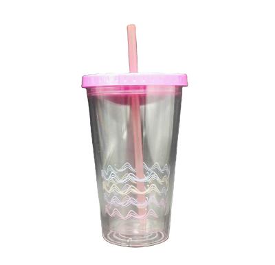 China 16oz Plastic Reusable Double Wall PP Plastic Cup With Straw, Plastic Tumbler With Straw And Plastic Lid Drink Cup With Straw for sale