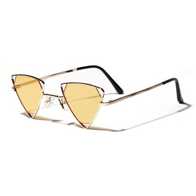 China Regular Slim Sunglasses Women Fashion Sunglasses Woman Personality Triangle Metal Frame Couples Hollow Out Lens Yellow Sunglasses for sale