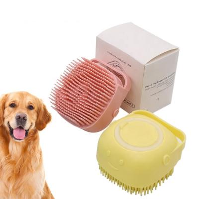 China Soft Stocked Silicone Dog Brush Massager With Shampoo Dispenser Pet Bathing Tool For Puppy And Cat for sale