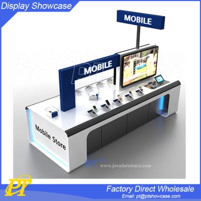 China Luxury White Mobile Phone Display Table Store Mobile Phone Experience MDF Interior Design for sale