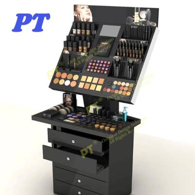 China Cosmetic Shop Black Wooden Cosmetic Display Stands , Retail Cosmetics Displays , Counter Display For Makeup for sale