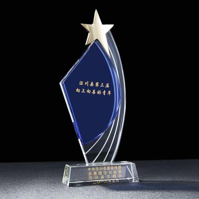 China China Custom High Grade K9 Crystal Trophy Award Star Trophy Blue Glass Award for sale