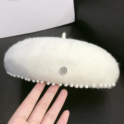 China 2021 new plush cashmere luxury heavy industry beret beaded pearl rivet women wool beret for lady cashmere beret hat hat for sale