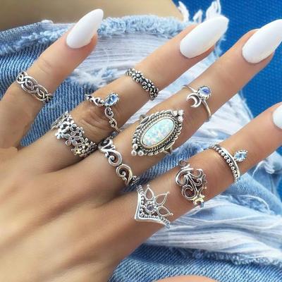 China 2020 New Fashion Punk Vintage Opal Women Knuckle Ring Combination Set With Diamond for sale