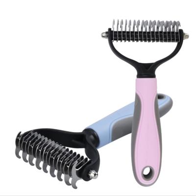 China Sustainable Stainless Steel Double Sided Pet DeShedding Dematting Tool Pet Fur Brush Open Comb for sale