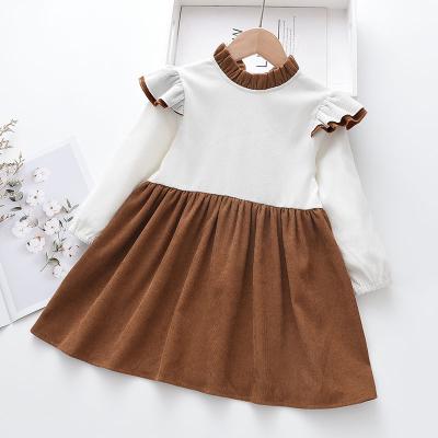 China Anti-wrinkle New Design Girls Dress Long Sleeves Collared Patchwork Corduroy Skirt for sale