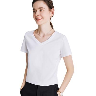 China Spring Women's Others Cotton Short Sleeve White T-shirt Women's Solid Color Top V-Neck T-Shirt for sale