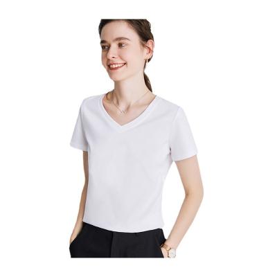 China Other Women's Solid Color V-Neck Top T-shirt Cotton Short Sleeve Casual Comfortable White T-Shirt for sale