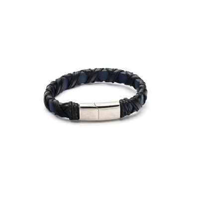 China TRENDY 316l Stainless Steel Bracelet Sets Jewelry Gift Whole Sale Blue Black Leather With Magnet Logo Steel Custom Mens Plated Bracelet for sale