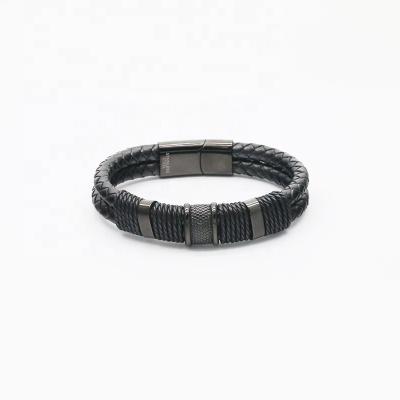 China TRENDY Jewelry Fashion Black Plating Real Steel RB Magnetic Lock Braid Bracelet Leather Bracelet Set Men for sale