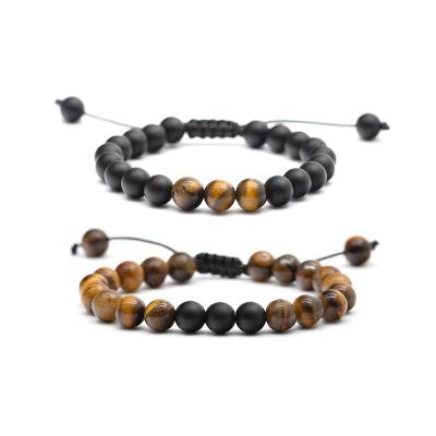 China Wholesale FASHIONABLE men's tiger eye pulsera 8mm RB black agate stone bracelets stone,relaxing Tiger Eye Bracelet adjustable 2pc/set for sale