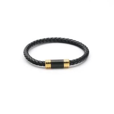 China Wholesale FASHIONABLE and Gold Plated RB Magnetic Black Genuine Leather Men Bracelet Man for sale