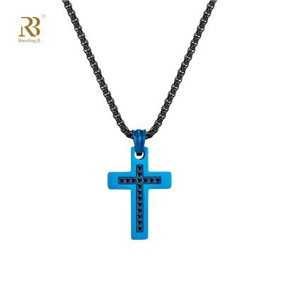 China Religious RB Stainless Steel Black Box Chain Set Plated Blue Cross Pendant For Men Setting CZ Custume Custume Pendant For Unisex Necklace for sale