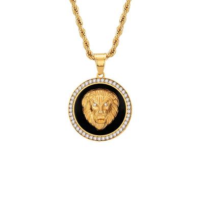 China Hip Hop 316l Stainless Steel Coin Punk Black Lion Enamel Pendant RB Gold Plated Animal Set CZ Men for sale