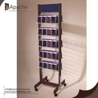 China Regular Wooden Floor Display Floor Display Rack With Rolling for sale