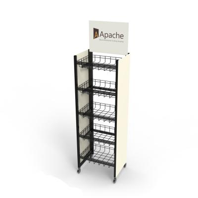 China Modern Mobile Metal Retail Wine Bottle Display Rack with Customizable Logo Board for sale